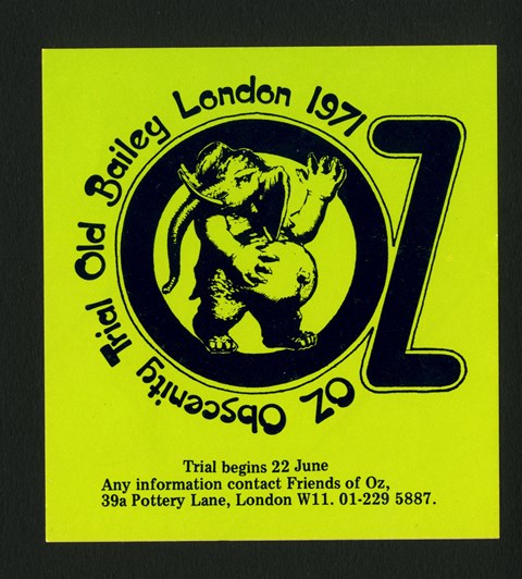 Campaign sticker for the Oz Obscenity Trial at the