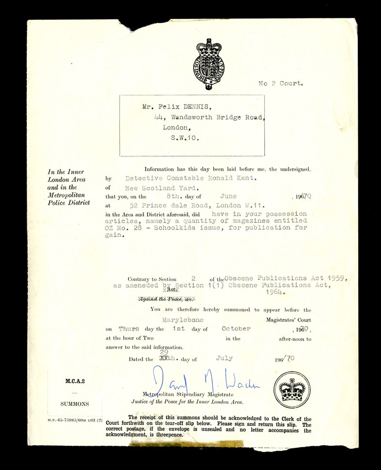 Felix Dennis court summons regarding Oz #28 - Scho