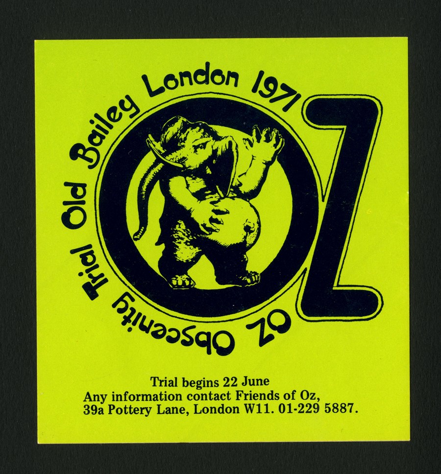 Campaign sticker for the Oz Obscenity Trial at the